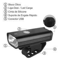 Farol Lanterna Bike 400 Lumens WS-276 USB Recarregavel Preto