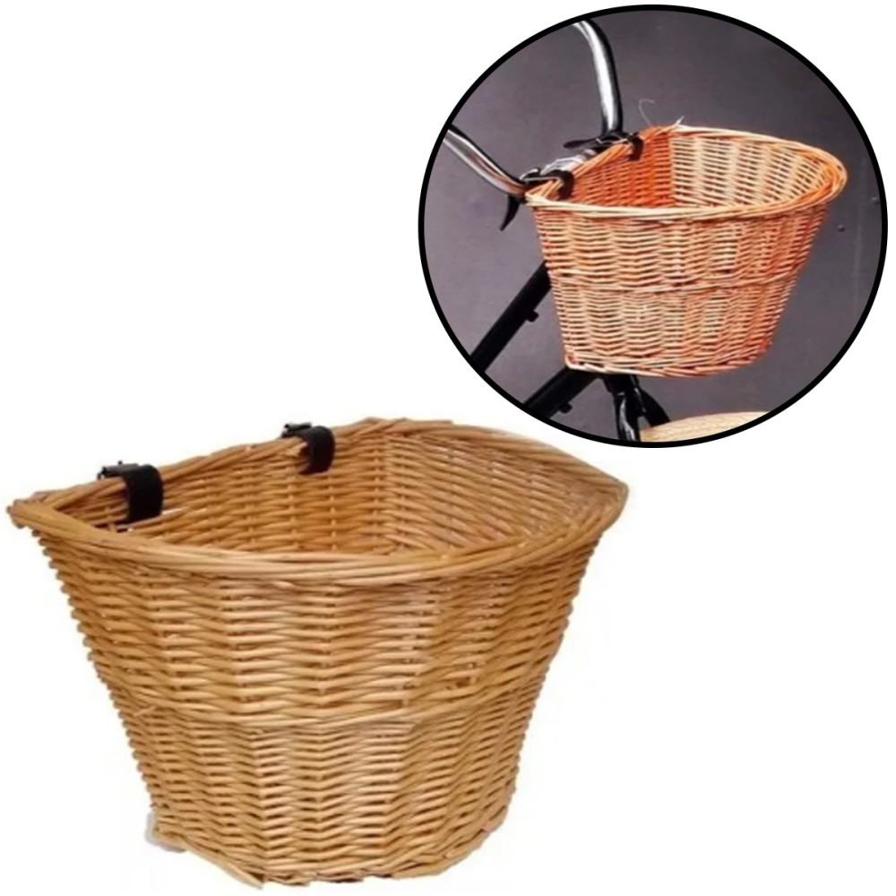Cesta Cestinha Bicicleta Vime C/ Alça Em Couro Retrô Vintage