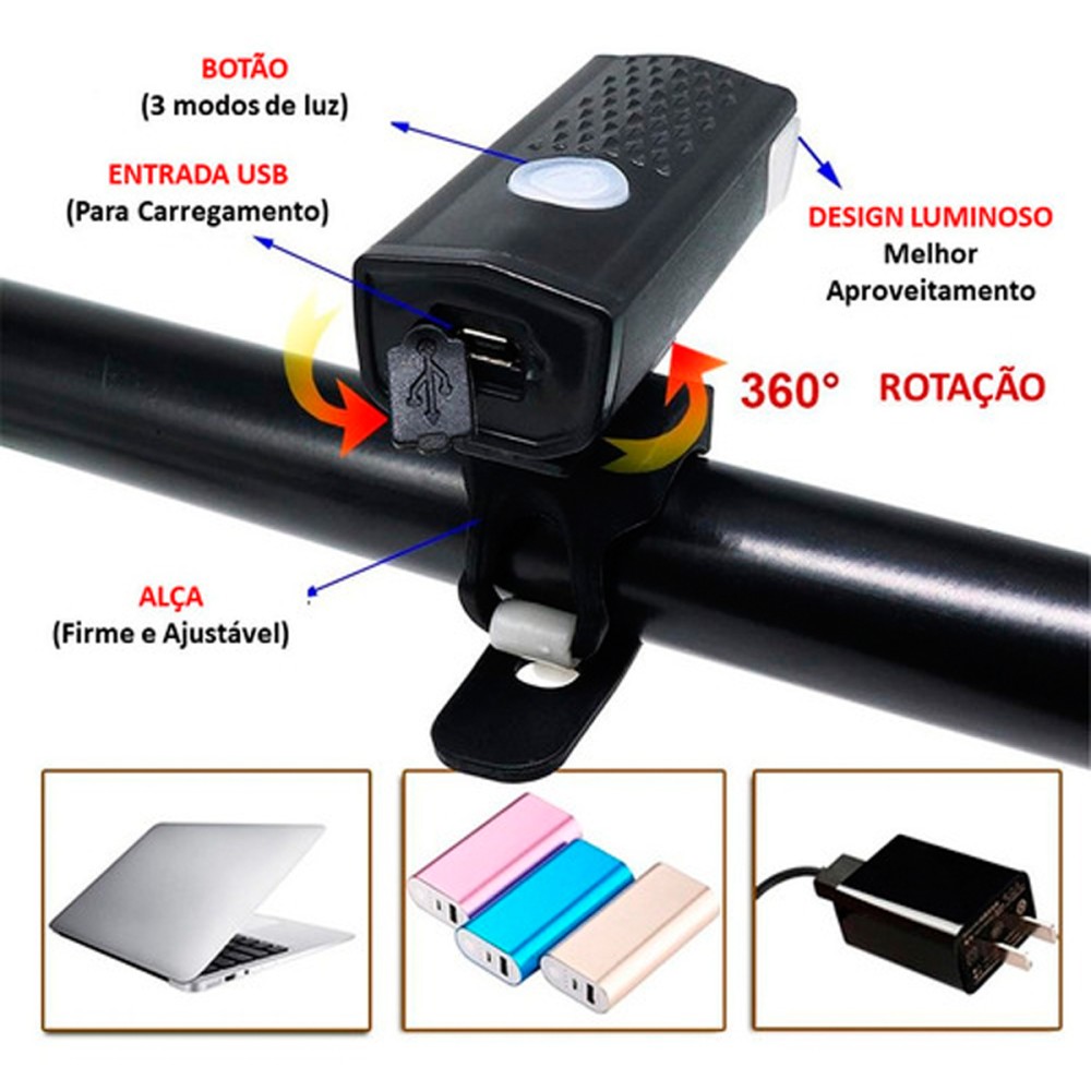 Farol Lanterna Bike D-2255 300 Lumens Mini Usb Recarregável Farol Lanterna Bike D-2255 300 Lumens Mini Usb Recarregável