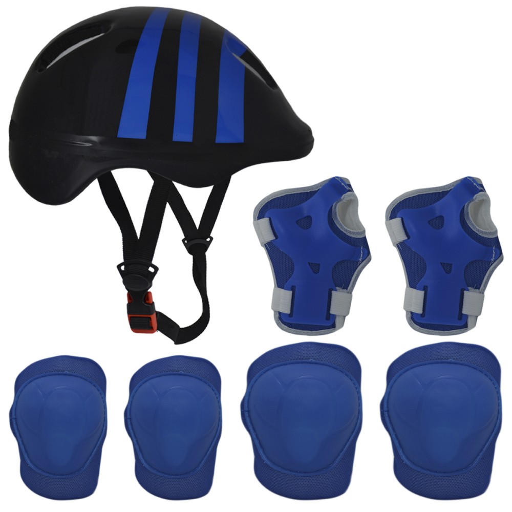 Kit Capacete Cotoveleira Joelheira Infantil Bike Listra Azul