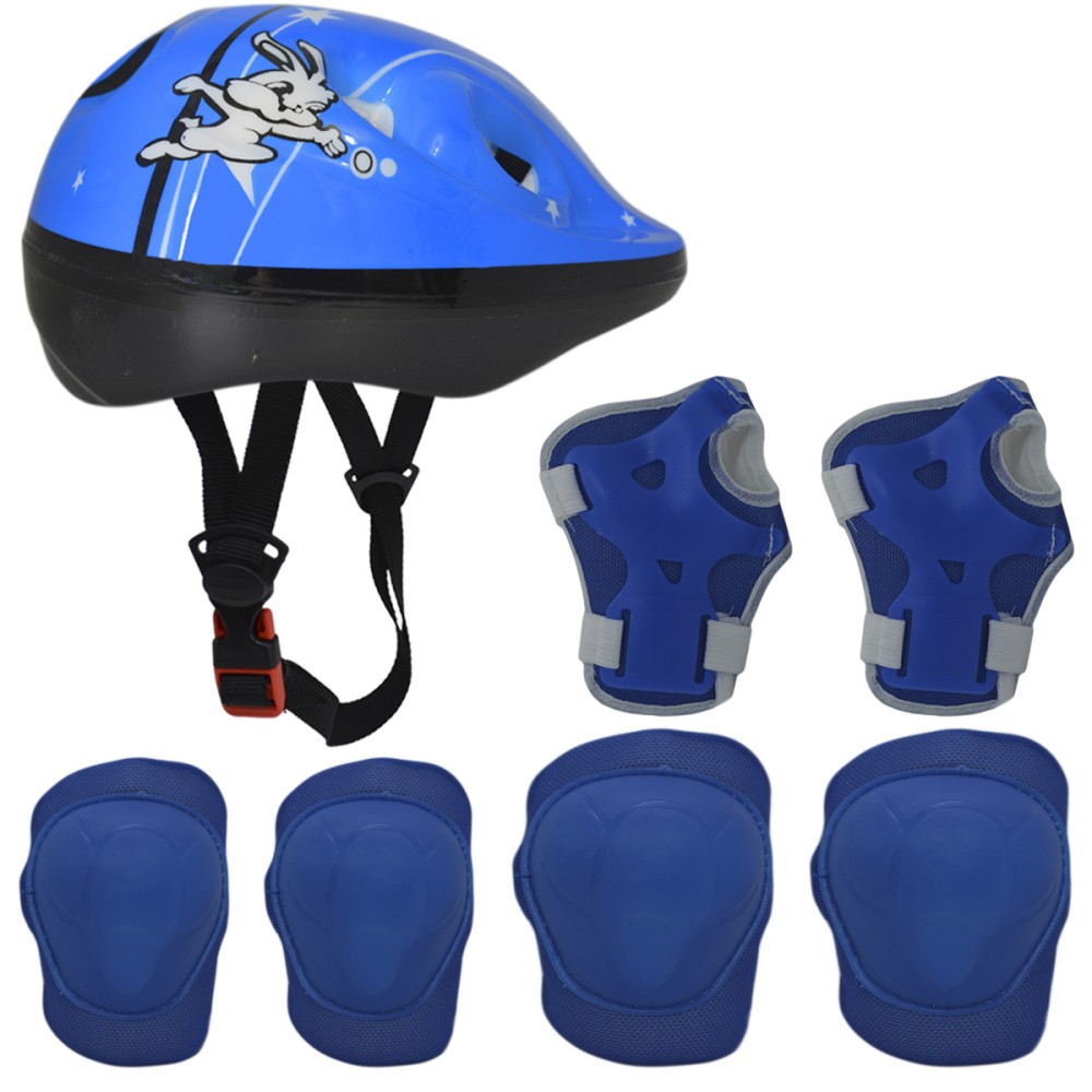Kit Capacete Cotoveleira Joelheira Infantil Bike Azul Coelho