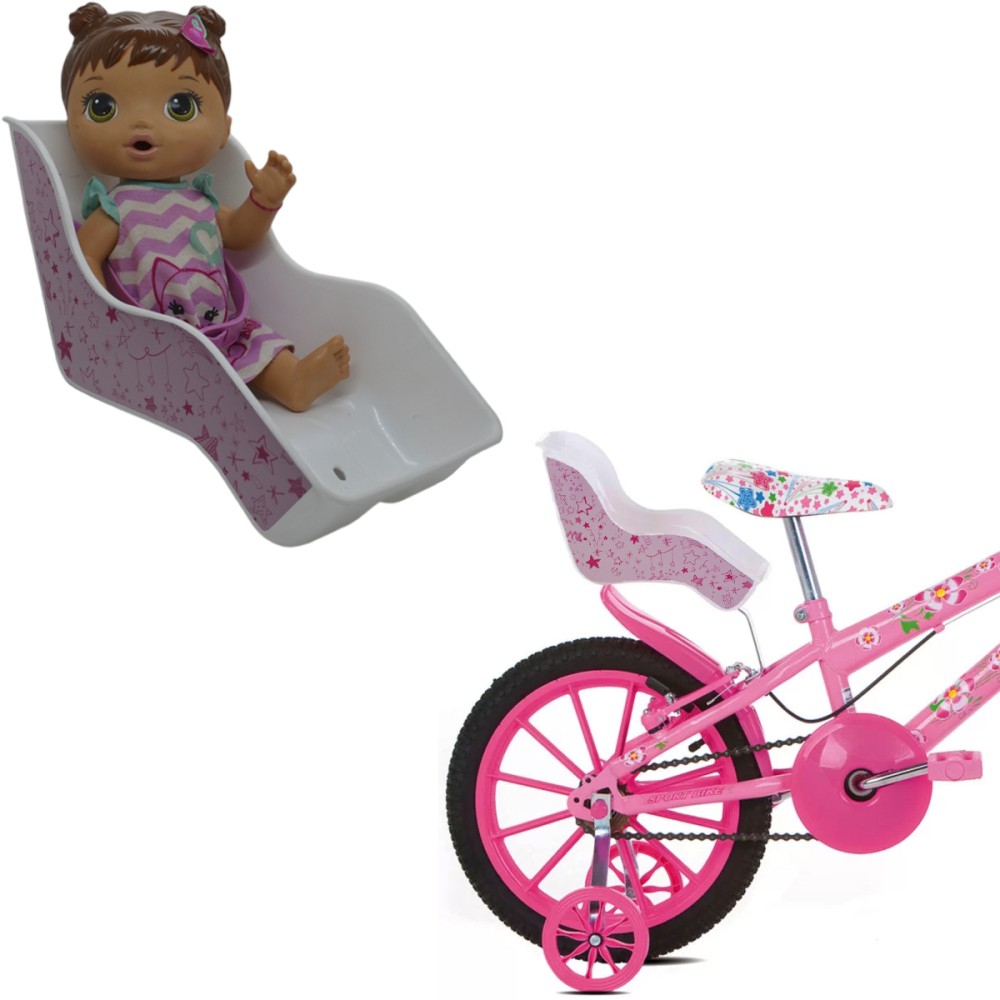 Cadeirinha Boneca Alive Bicicleta Traseira Baby Rosa Estrela